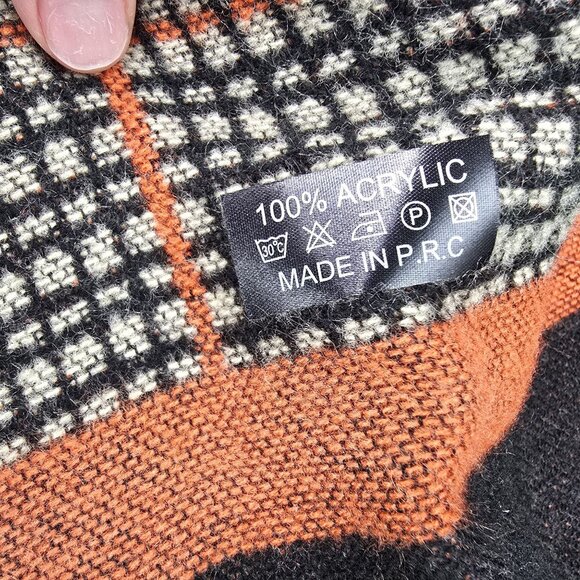 Reversible Acrylic Poncho Shawl With Plaid & Solid Pattern In Black & Orange - Picture 4 of 5